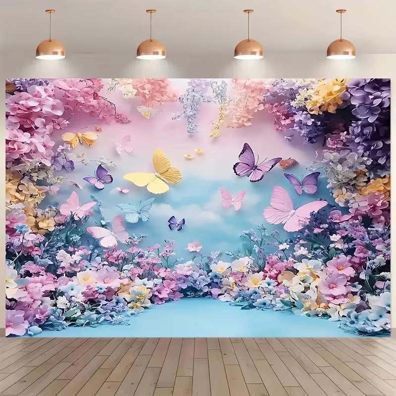 2D Pink Purple Flower Garden with Blue Sky Backdrop Photography Background Banner