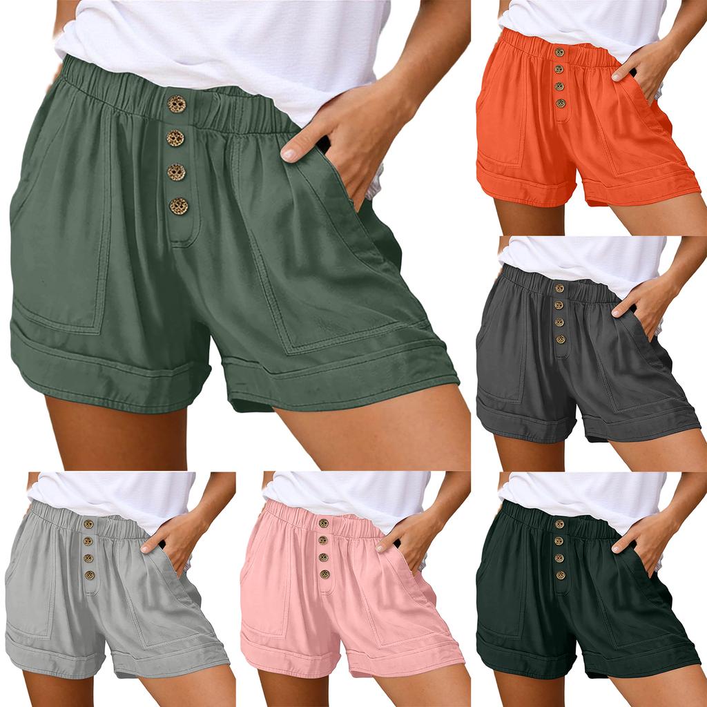 Damen Farbe Lässige Shorts Hohe Taille Mit Knöpfen Taschen Locker Weites Bein Hosen