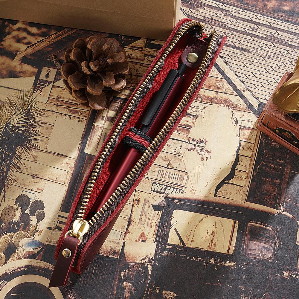 AIGUONIU Mini Handwritten Leather Pencil Case Portable Cowhide Zipper Pen Protective Case