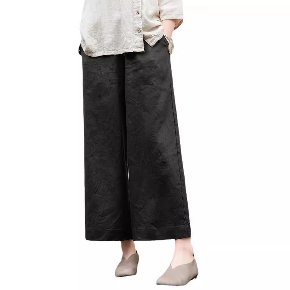 Women's Summer Cotton Linen Wide-Leg Pants - Versatile, Slimming, Nine-Point