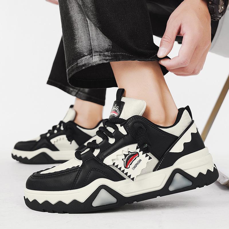 Autumn Sports Board Shoes Fashion Color Matching Leather Surface Thick Sole Height Increase Low Top Tide Casual Shoes Men'S Shoes