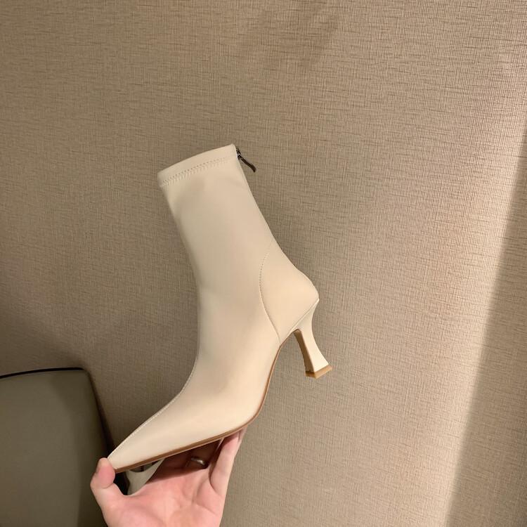 

Корейская версия тонких ботфортов 2025 осень-зима новая модель острый носок задняя молния эластичные ботинки женские кожаные ботинки высокий каблук короткие ботинки 39