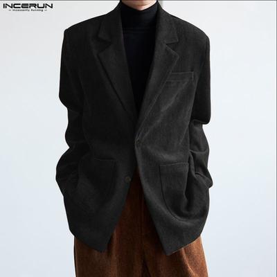 Autumn Men Notched Lapel Long Sleeve Blazer Corduroy Casual Coats