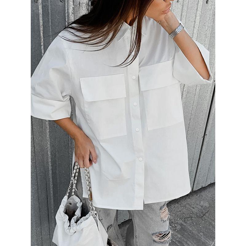 2025 Spring Fashion Blouses Loose Lapels Short Sleeve Pure Color Tops