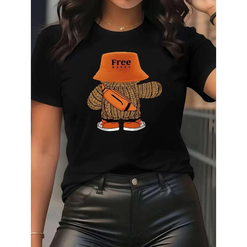 European Size Women's Playful Cartoon Bear Print Short Sleeve Round Neck T-Shirt - Sporty Casual Style, Soft & Breathable , Cute Design