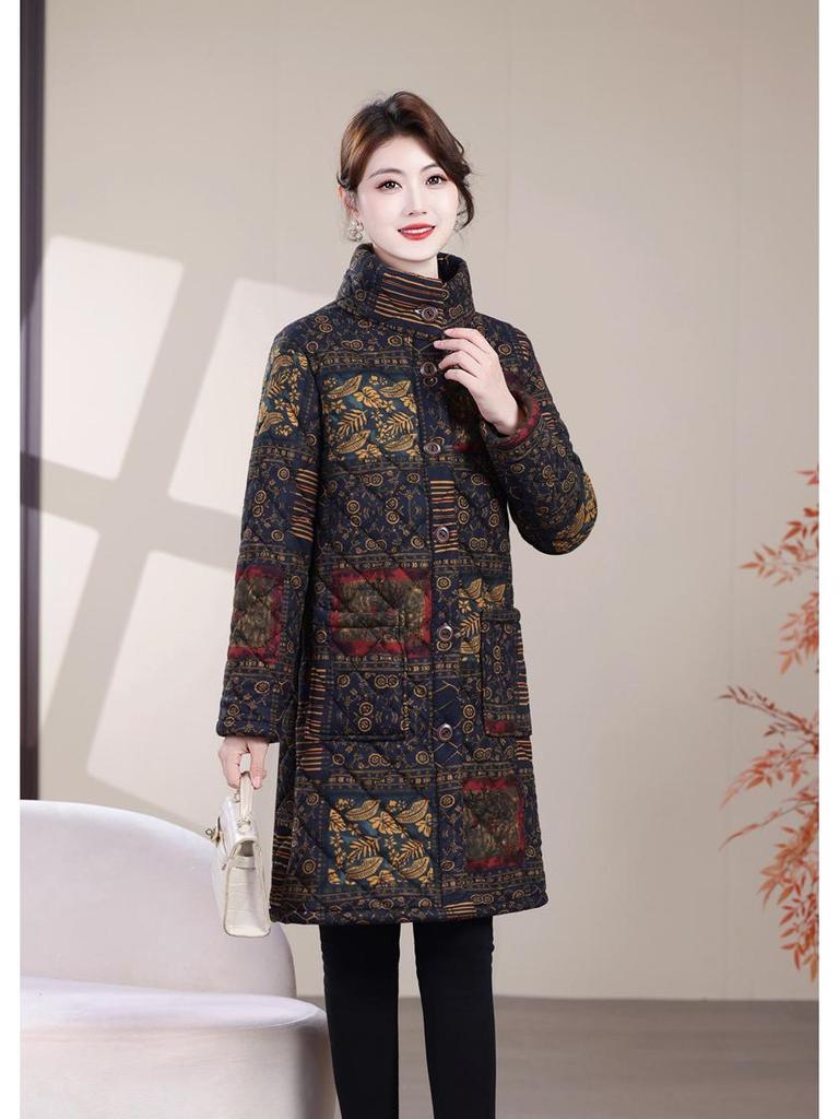 Floral Mid-Length Winter Cotton Jacket for Middle-Aged and Elderly Women - Warm and Stylish Outerwear.