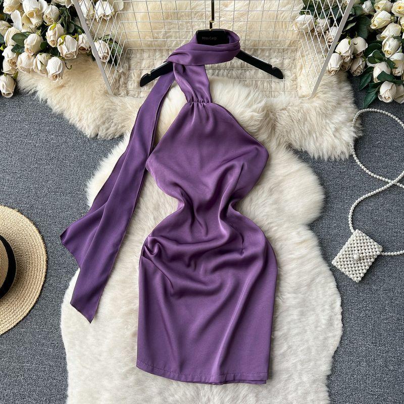 

Socialite Ribbon Satin Dress Slim Looking Hip Bag Halterneck Purple M