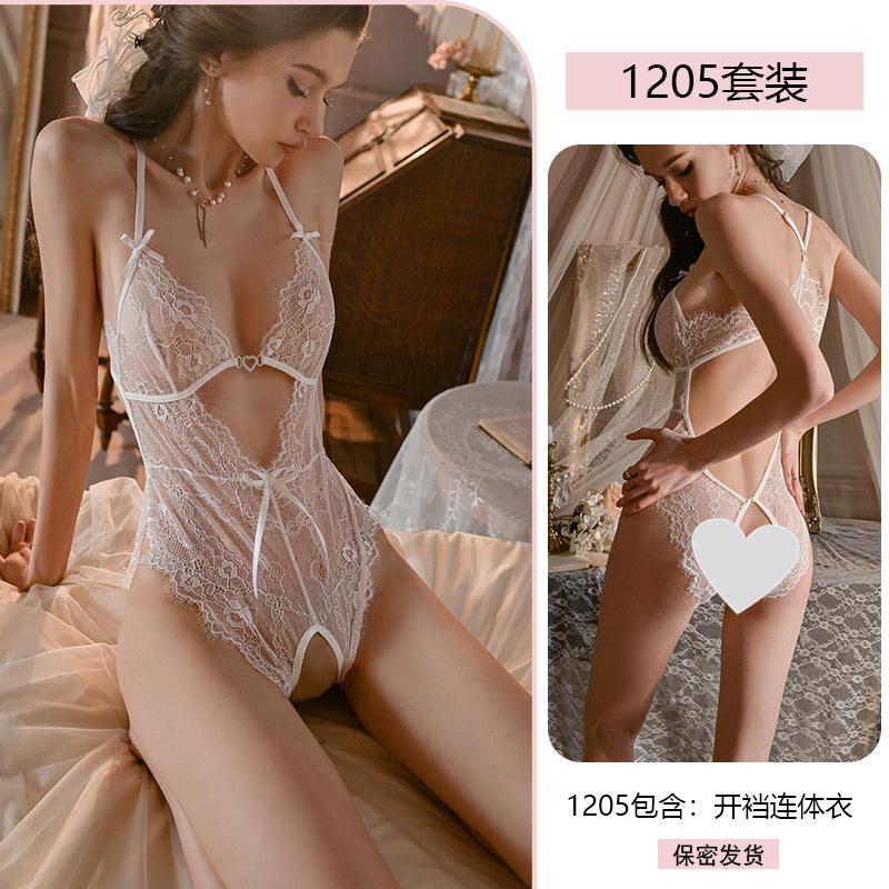 Original Sexy One-piece Women's Romantic Underwear Pure Desire Lace Seductive Open-crotch Uniform Pajama Set 1205