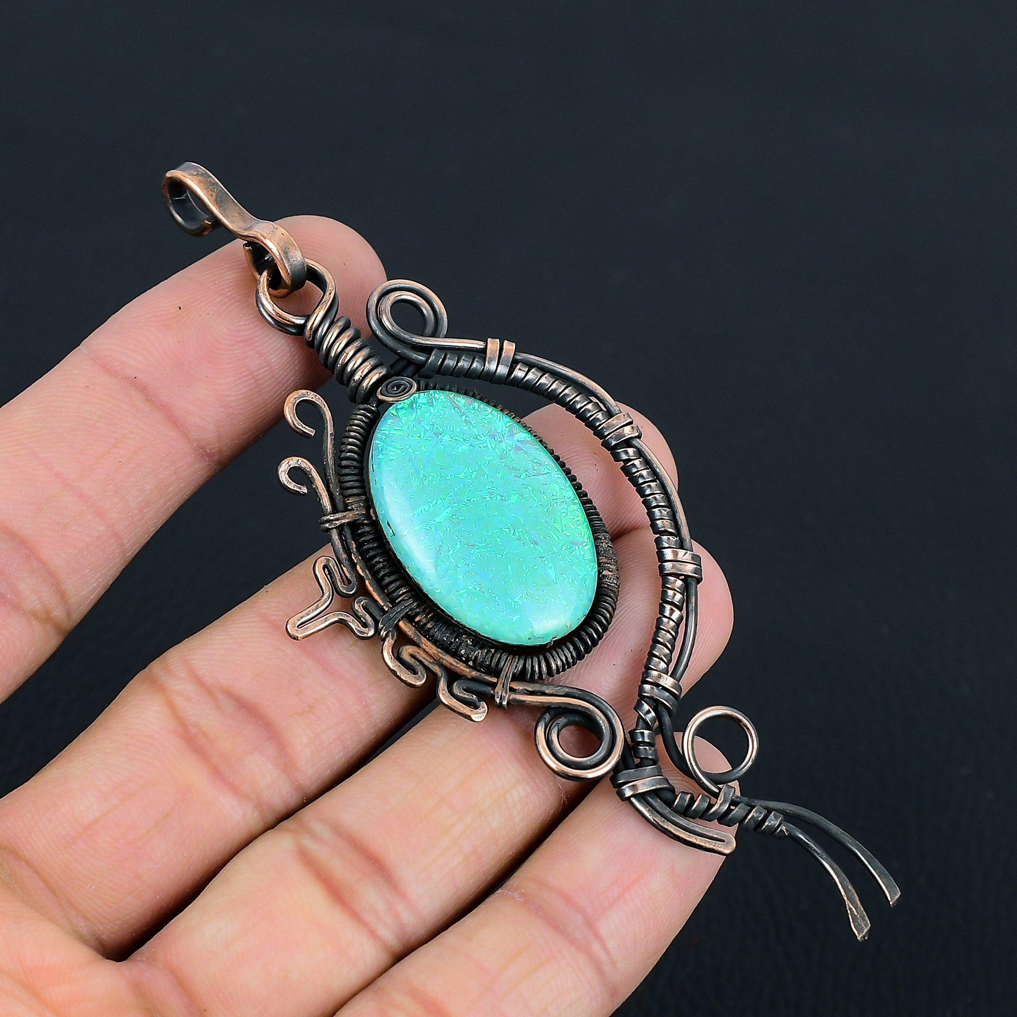 

Австралийский тройной опал, драгоценный камень ручной работы из чистой медной проволоки, ювелирный кулон для женщин 4.17 Inches синий