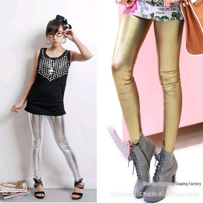 Spring Autumn Slim-Fit PU Leather Low-Waist Pants - Plus Size, Elastic, Shiny, Multi-Color, Nine-Point Faux Leather Leggings