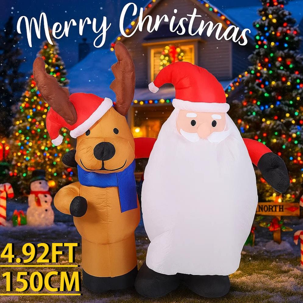 4.92FT With LED Light Inflatable Santa Claus Reindeer Toy Xmas Yard Lawn Supplies Home Decor Ornaments Christmas Holiday Gifts