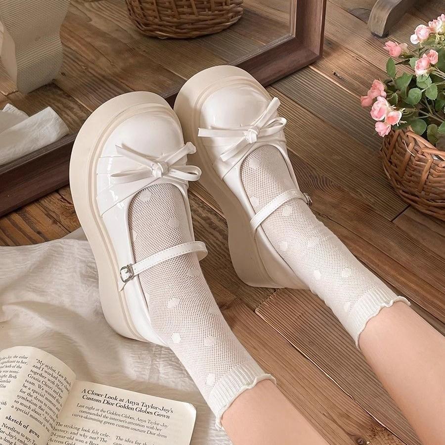 SSBL] Retro bow round head platform small leather shoes women's new skirt Mary Jane shoes