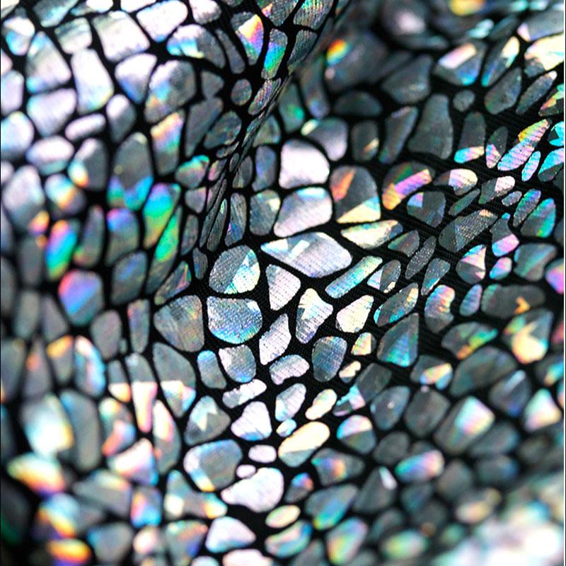Laser Iridescent Coated Elastic Fabric, Black Base Shining Metallic Designer Fabric for DIY Fashion Show Dresses Stage Costume