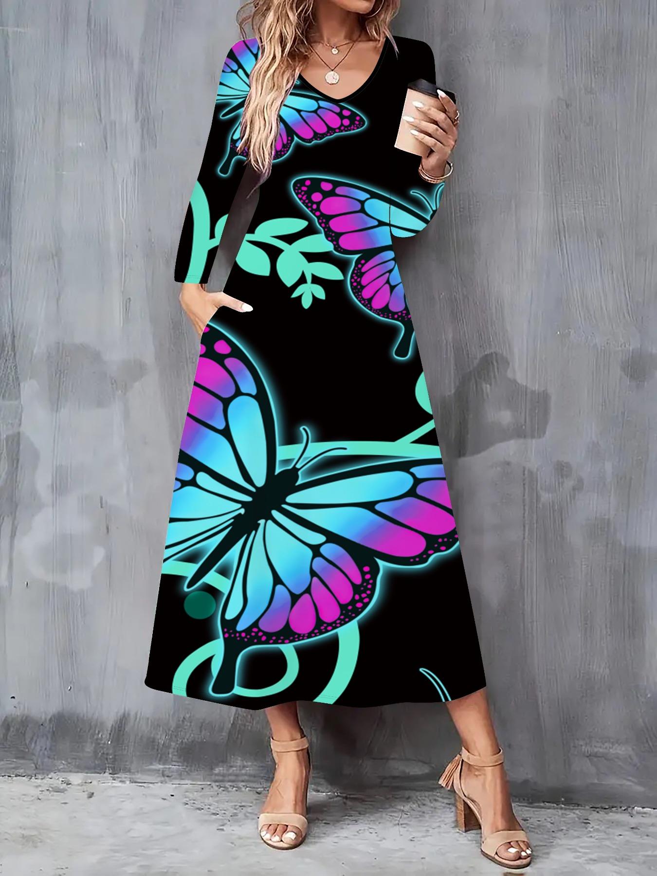 

2025 Осень и Зима Новое Женское Повседневное Модное Платье 3D Принт Бабочки Длинный Рукав V-образный Вырез A-силуэт Платья XXL чёрный