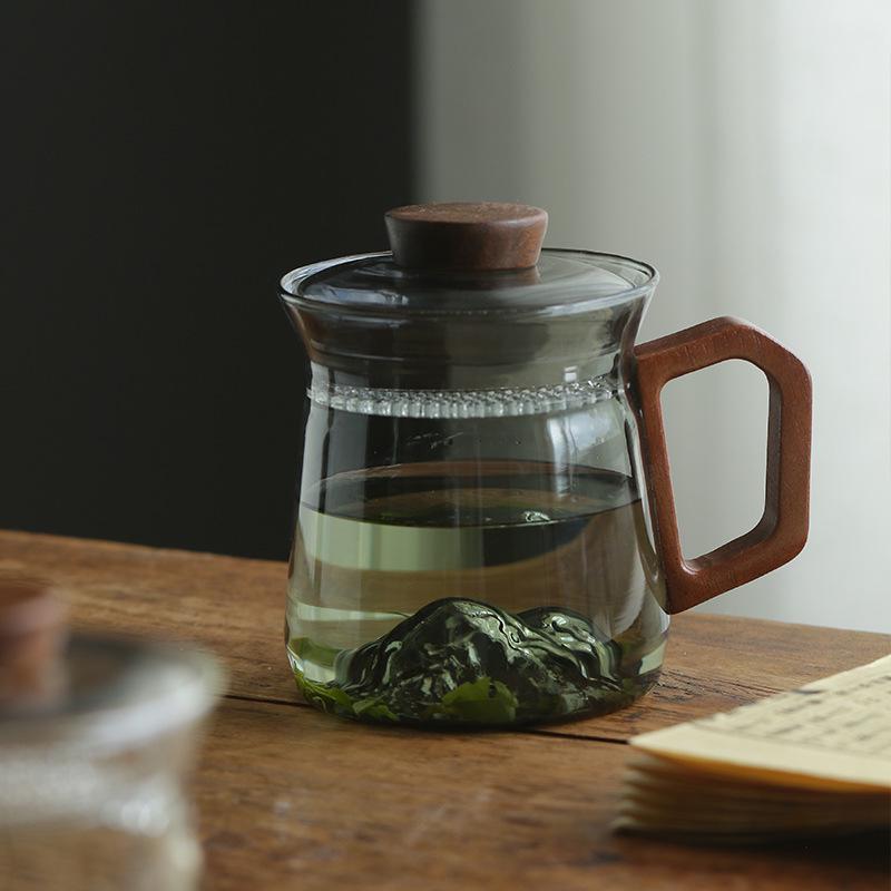 Walnut Handle Mountain View Heat-Resistant Glass Tea Infuser Cup with Crescent Filter