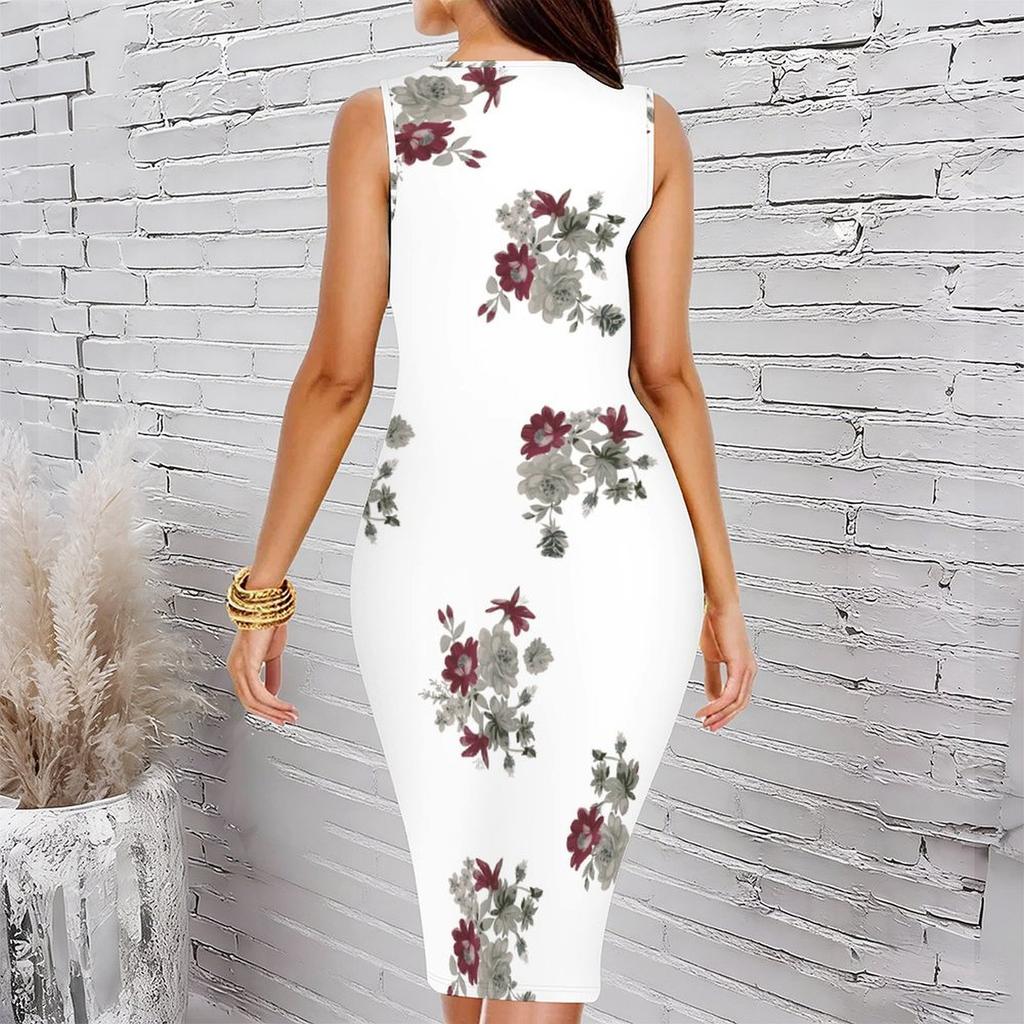 Women Plus Size Crew Neck Sleeveless Midi Dress Cream Base Black Sketch Floral Print Bodycon Dress