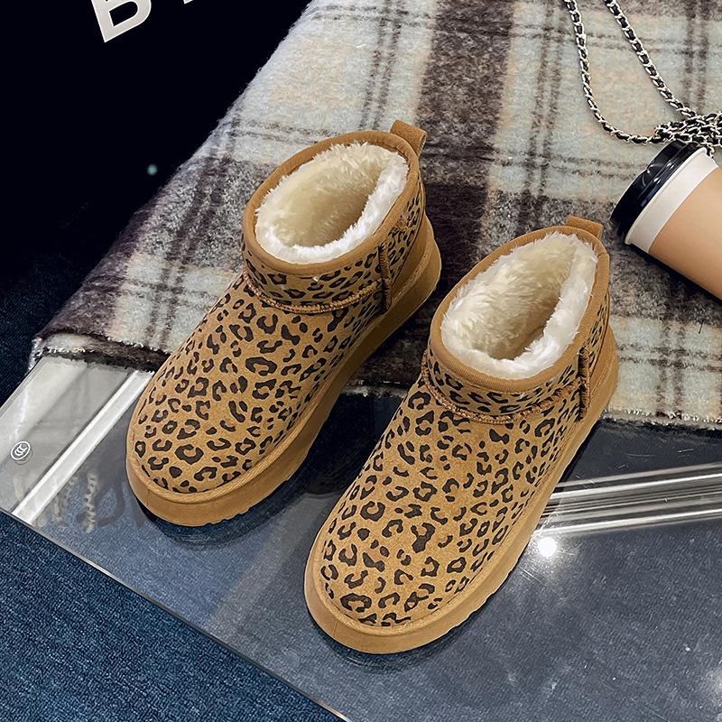 Winter snow boots women's short tube thickened bread shoes velvet warm leopard print cotton boots