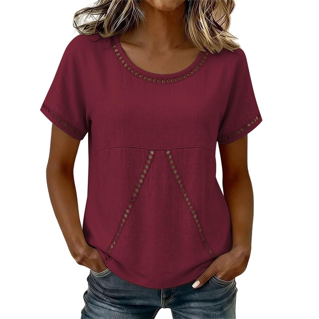 Women Casual Round Neck Shirt Hollow Out Patch Short Sleeve Top Lightweight Loose Fit Blouse for Everyday Wear