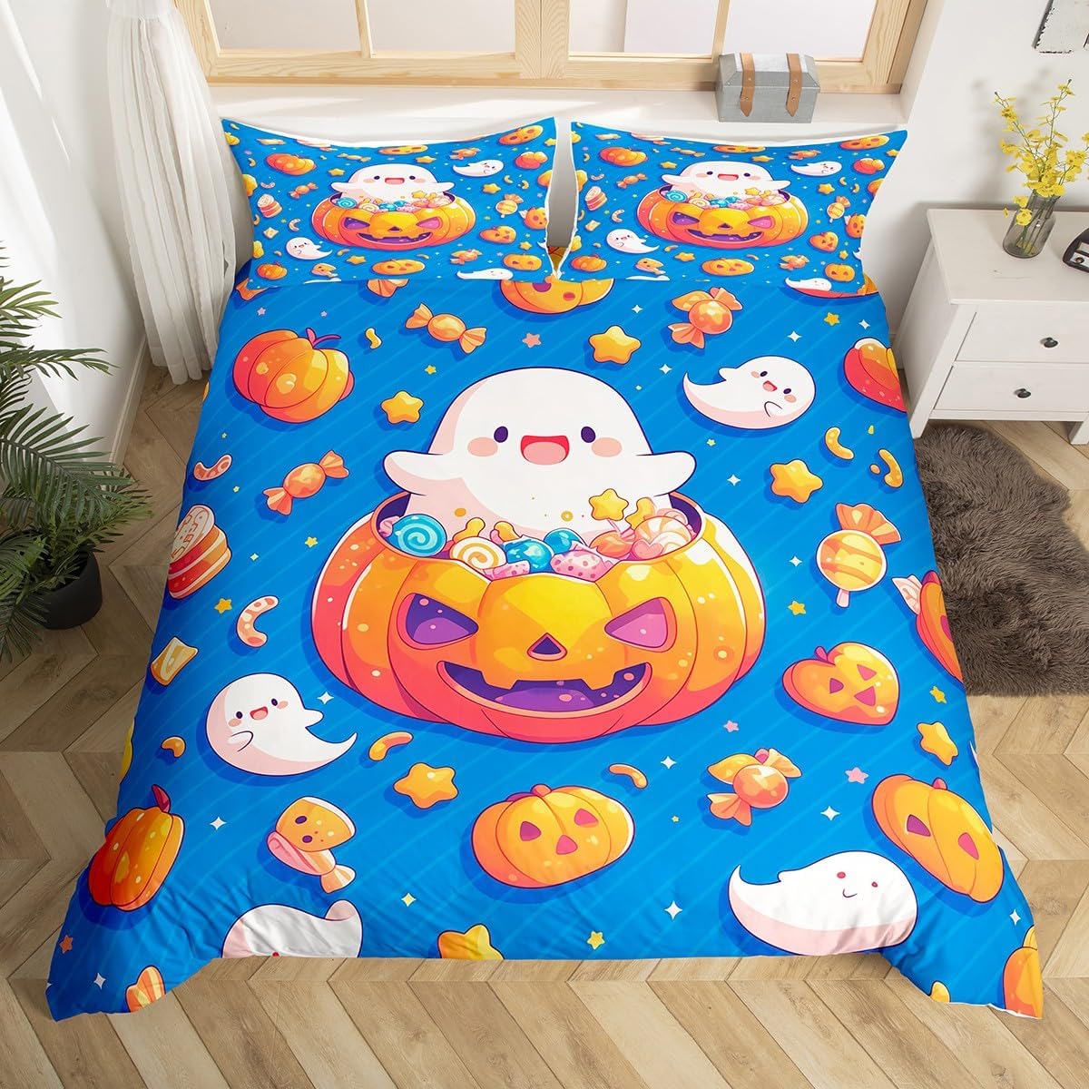 

Halloween Bedding Set 3D Printed Ghost Duvet Cover Set Pillowcase Skin-Friendly Single Twin King Size for Kids Halloween Decor Eu Single 135x200cm
