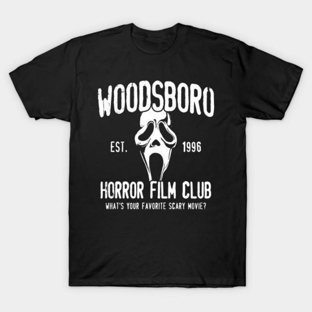 Herren Schwarzes Print-T-Shirt Woodsboro Horrorfilm-Club No-Cut Transferpapier Druck Baumwoll-T-Shirt