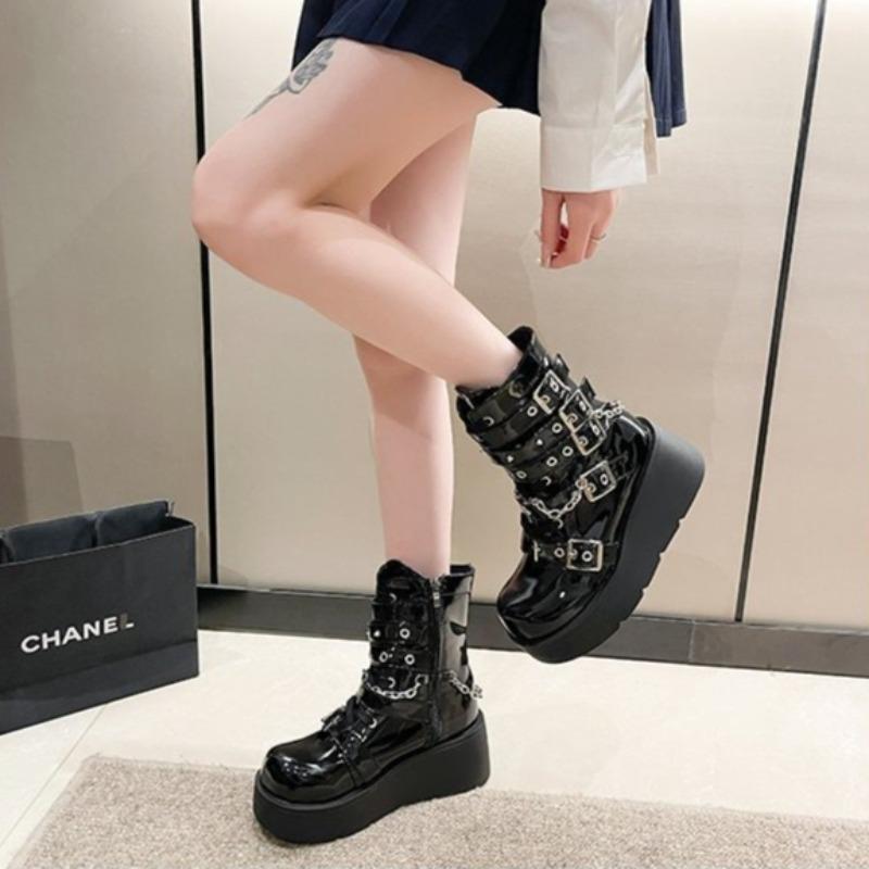 Stivali Donna Piattaforma Moda Fibbia Cintura Stivaletti Corti Neri Suola Spessa Punk Stivali Donna con Catena Stivaletti Donna Alta Qualità
