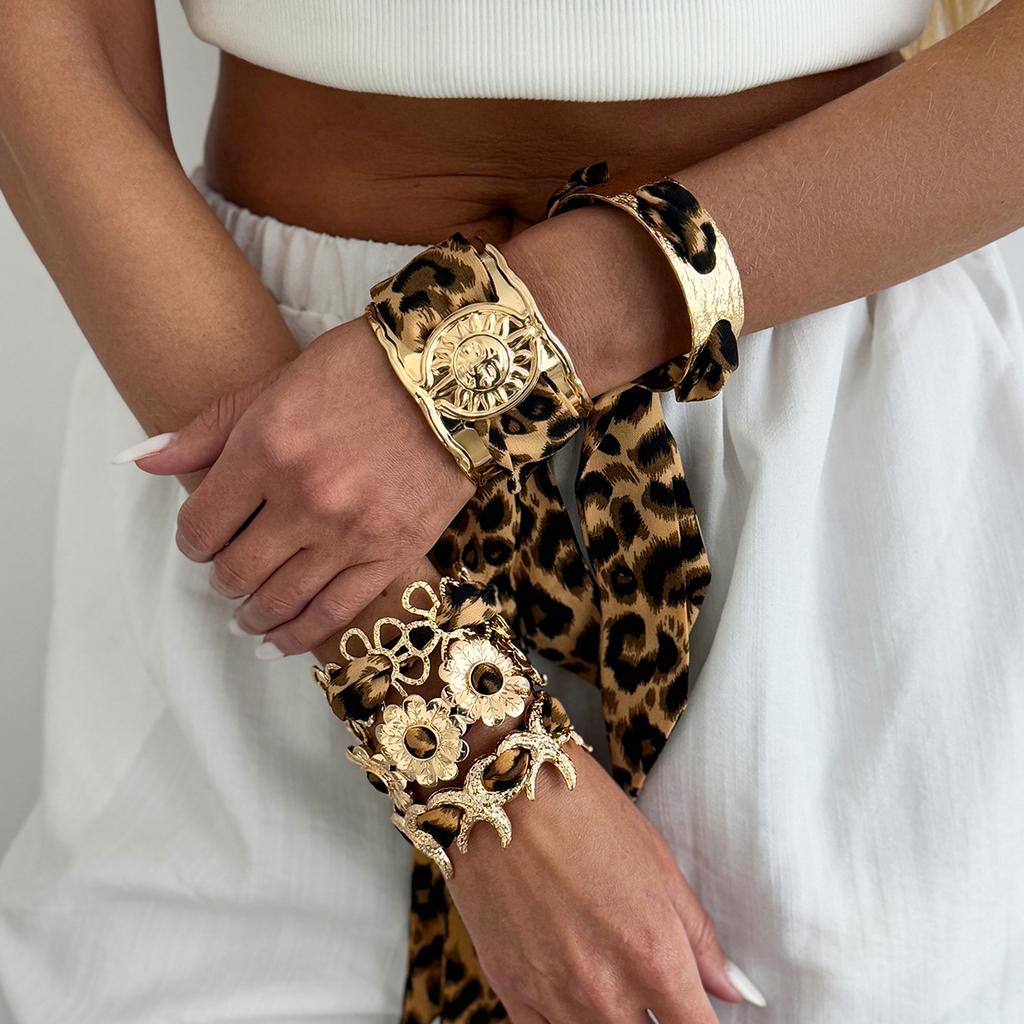 2026 Leopard Print Silk Scarf Cuff Bangles Polka Dot Ribbon-Wrapped Metal Wide Bracelet Retro Adjustable Ethnic Style Wristband