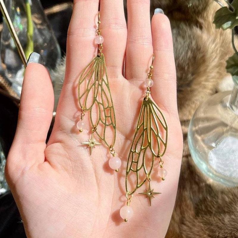 Fairy Wing & Dragonfly Wing Earrings with Pink Quartz