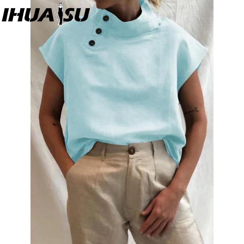 

IHUASU Женские модные повседневные однотонные блузки и рубашки с принтом и коротким рукавом XXXXXL светло-синий