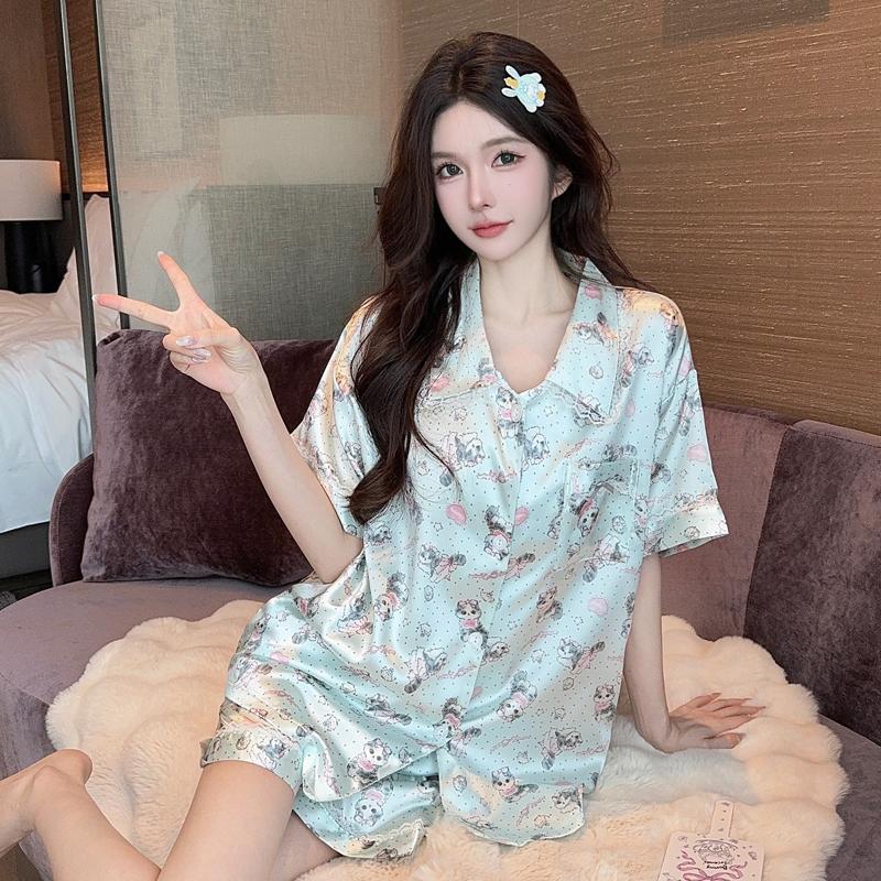 2 Piece Women Set 2025 Summer Short Sleeve Pajamas for Woman Silk Fashion Sleepwear leopard print Sexy Satin Pajama Set homewear