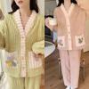 2 Piezas/Set Espeso Cálido Ropa de Embarazo Mensual para Mujer Invierno Franela Pijama de Lactancia Manga Larga Talla Grande Ropa de Casa