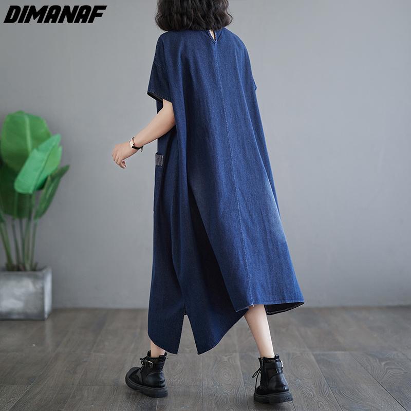 Dimanaf Plus Size 2024 Spring Summer Women Denim Dress Casual Vintage Loose Oversized Long Dress Irregular