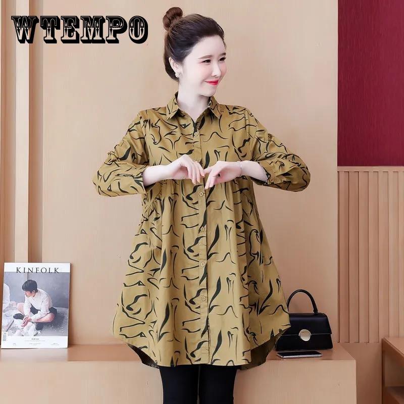 

Рубашка женская, весенне-осенняя, большого размера, свободная, модная, темпераментная, с принтом, на животе, толстая, женская рубашка средней длины