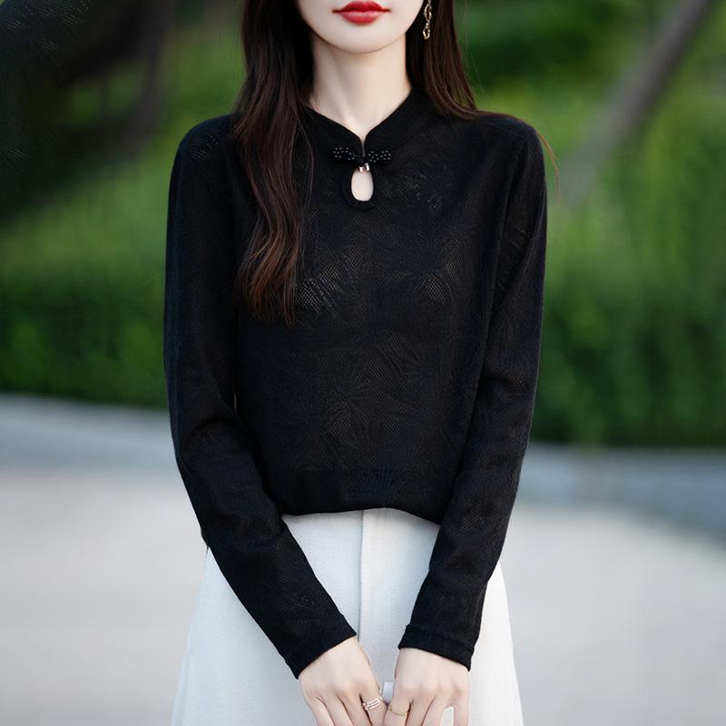 Podzimní a zimní nový čínský pletený top s knoflíky, dámské topy, měkké retro spodní tričko