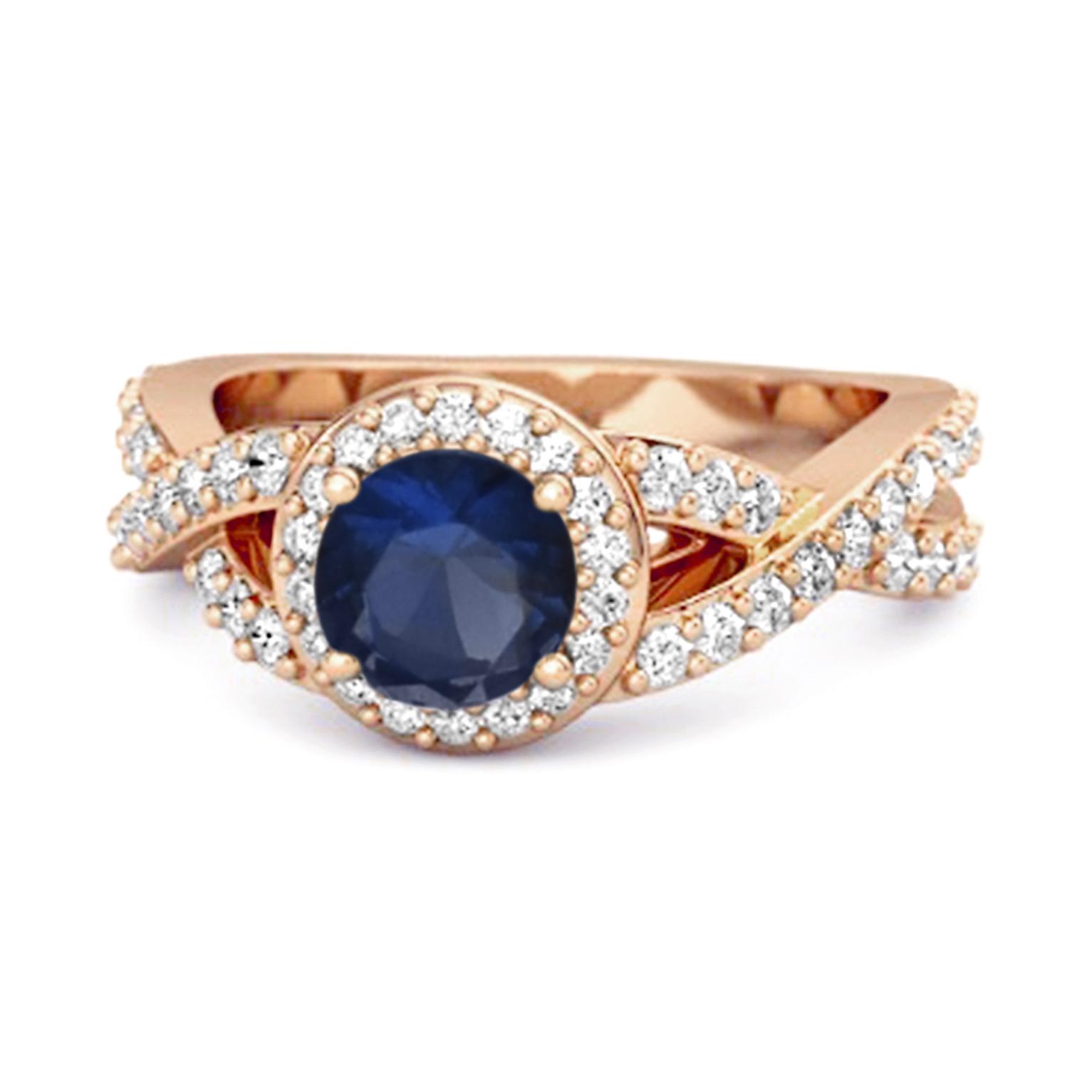 Blue Sapphire Halo Accents Ring - 925 Sterling Silver Rose Gold Vermeil 6