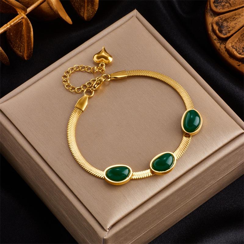 Gold Plated Green Agate Jewelry Set, Herringbone Chain Necklace Bracelet with Oval Jade Charm, Vintage Luxury Jewelry Set for Women