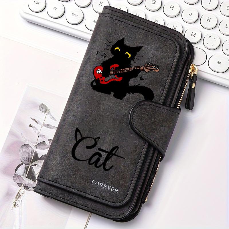 Women's Black Striped Cat Long Wallet Multi - functional Snap - button Coin Purse Ideal Gift for Cat Lovers Daily Use and Outdoor Activities