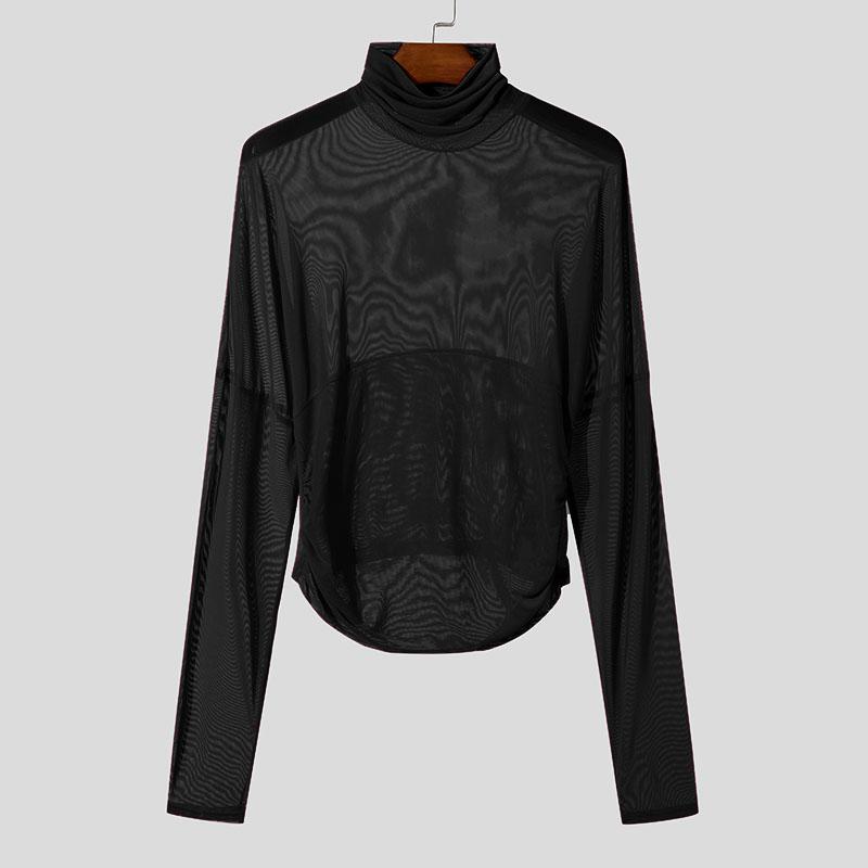 INCERUN Men High Neck Long Sleeve Ruffled See Through Tops Club Party Mesh Irregular T-Shirts