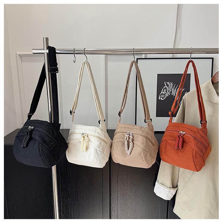 Women's Retro Casual Corduroy Shoulder Bag - Solid Color, Japanese & Korean Style Crossbody Fashion