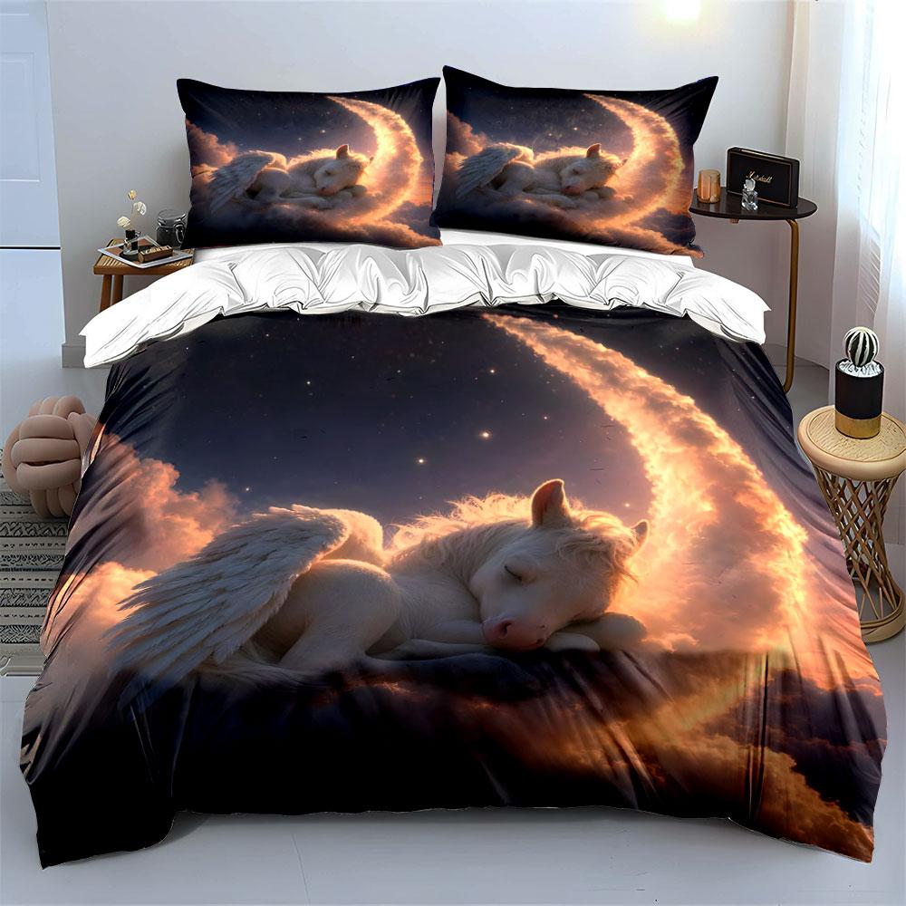 3Pcs Dreamy Unicorn Sleeping On Clouds Duvet Cover Set With 3D Printing Design Soft Polyester Bedding Set All-Season Comfort