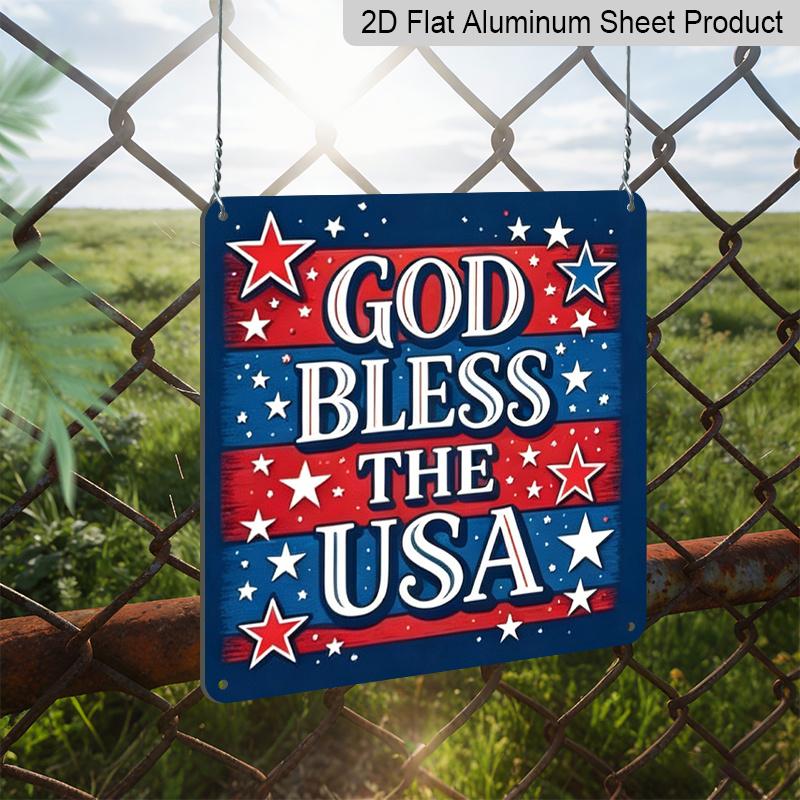 2D Flat 1pc Patriotic "God Bless The USA" Aluminum Plaque, Weatherproof Hanging Metal Sign with Stars, Rustic Americana Wall Decor for Home Porch