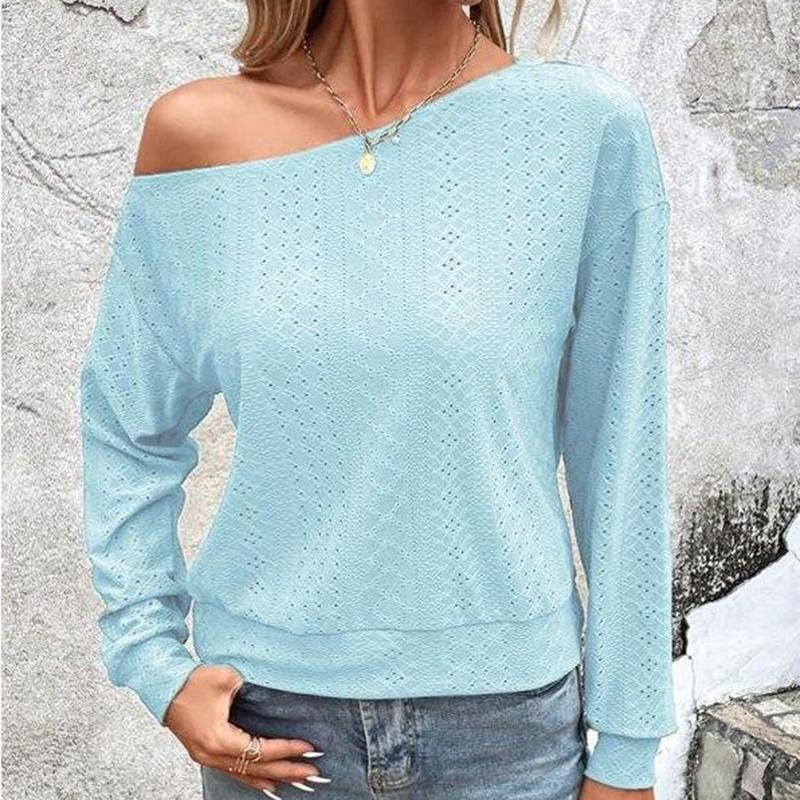 

2026 Sexy Diagonal Shoulder Collar Women Blouse Casual Solid Color Autumn Long Sleeve Tops Hollow Out Loose Simple Shirts 28755 S небесно-голубой