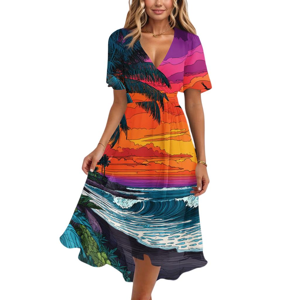 Women's Casual V Neck Short Sleeve Hawaiian Print Dress Summer Beachwear Midi Dress with Wrap Style and Relaxed Fit