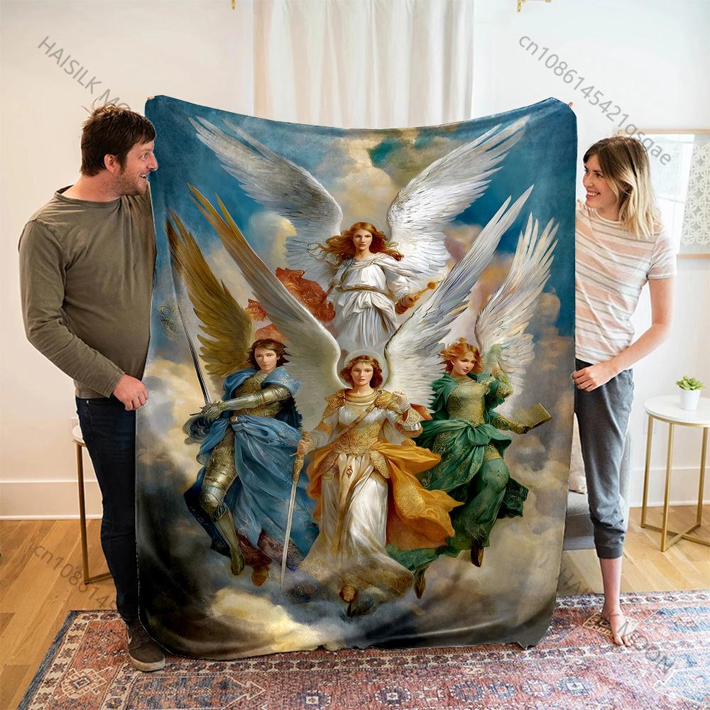 1PC Angels Warriors Standing On Clouds Print Blanket Warm Soft Fluffy Kids and Adult Sofa Bed Throw Blanket Travel Camping RV