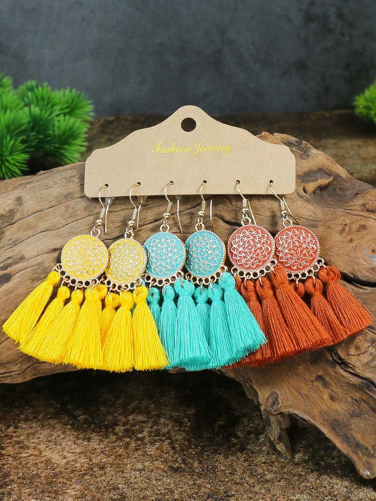 Bohemian Round Colored Glaze Alloy Earring Set Retro Ethnic Style Long Tassel Earrings Women's Girls' Personalized Zircon