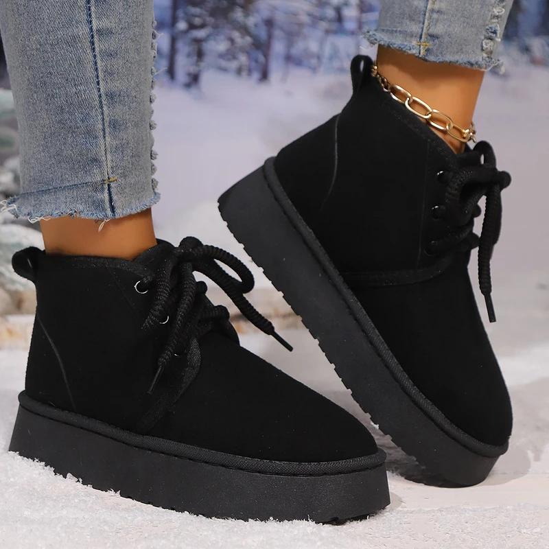 Women Ankle Boots Winter Short Plush Warm Lace Up Snow Boots Women Fashion Casual Flat Platform Shoes for Women Botas De Mujer