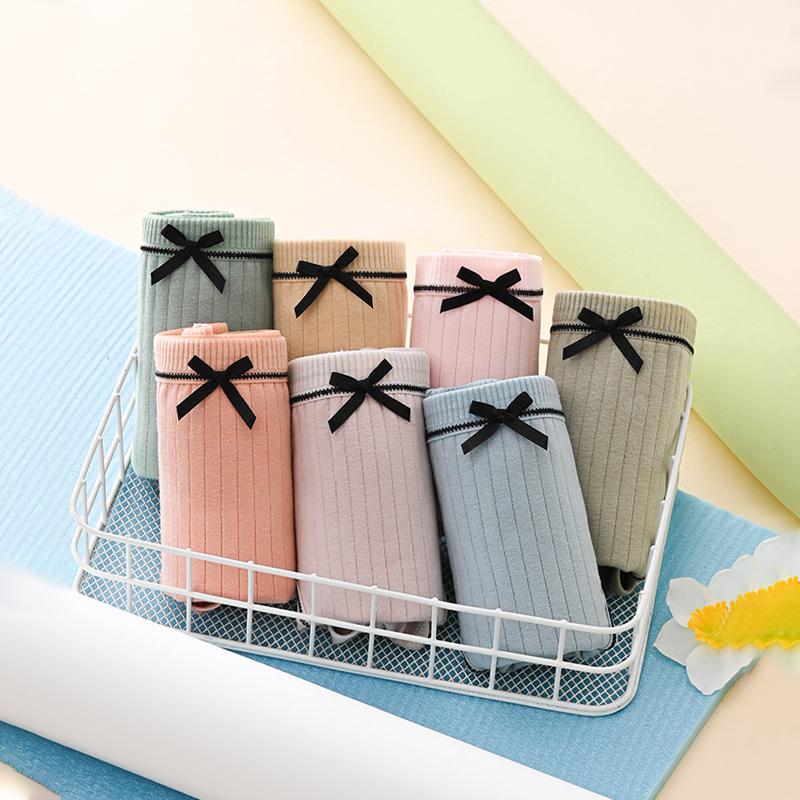 

7 шт. Женские однотонные трусики с бантиком, подростковое нижнее белье средней посадки, модные трусики для девочек, дышащие трусики, студенческое комфортное мягкое нижнее белье L (50-62kg)&7pcs