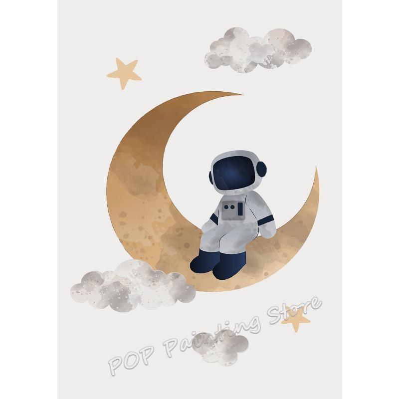 Arte da Parete per Cameretta Galassia Cartone Animato Avventura Spaziale Razzo Astronauta Balena Pianeti Stampa su Tela Spazio Esterno a Tema Decorazione per Stanza dei Bambini