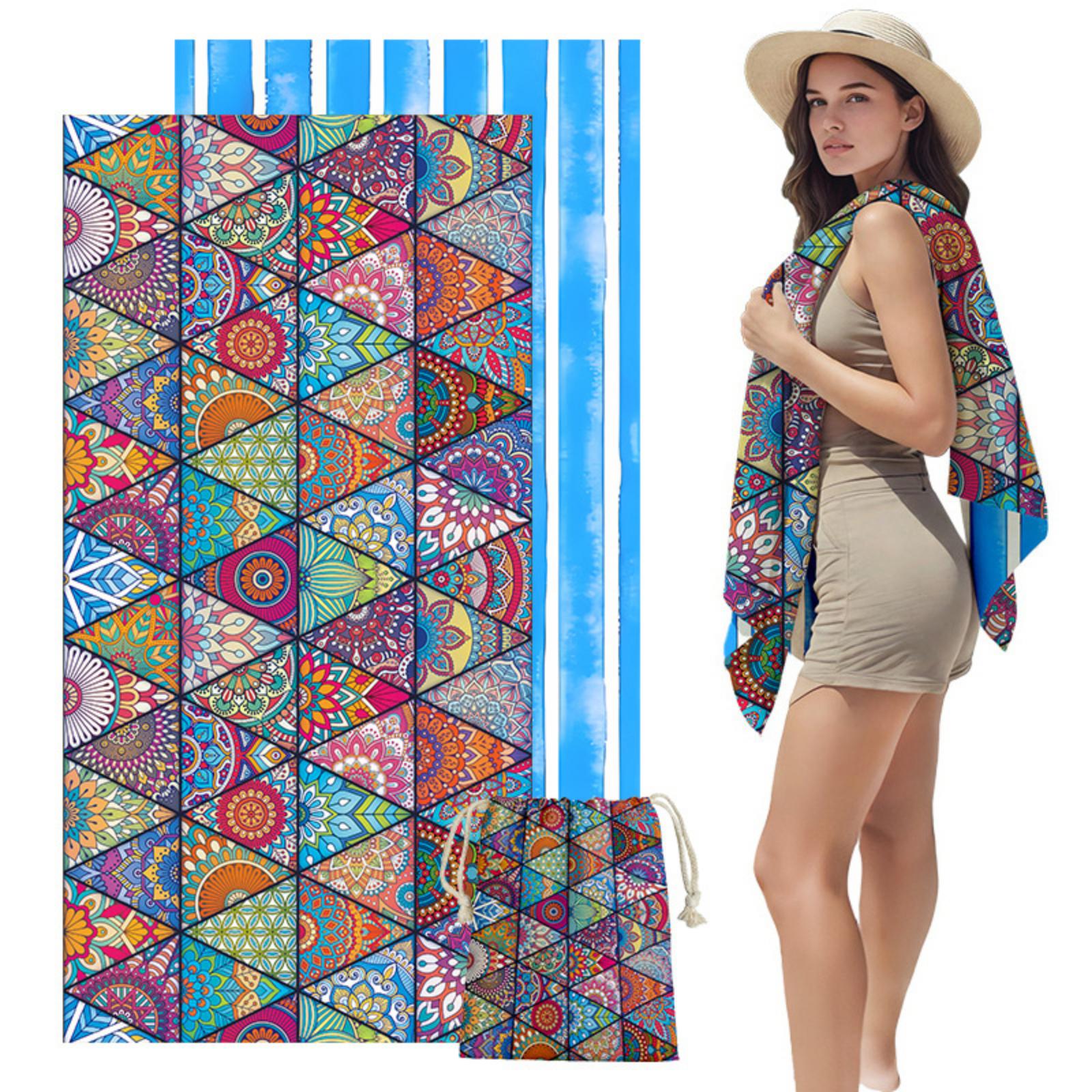 16080cm Double-Sided Print Quick-Dry Beach Towel with Carry Bag Large Absorbent Bath Towel One Size