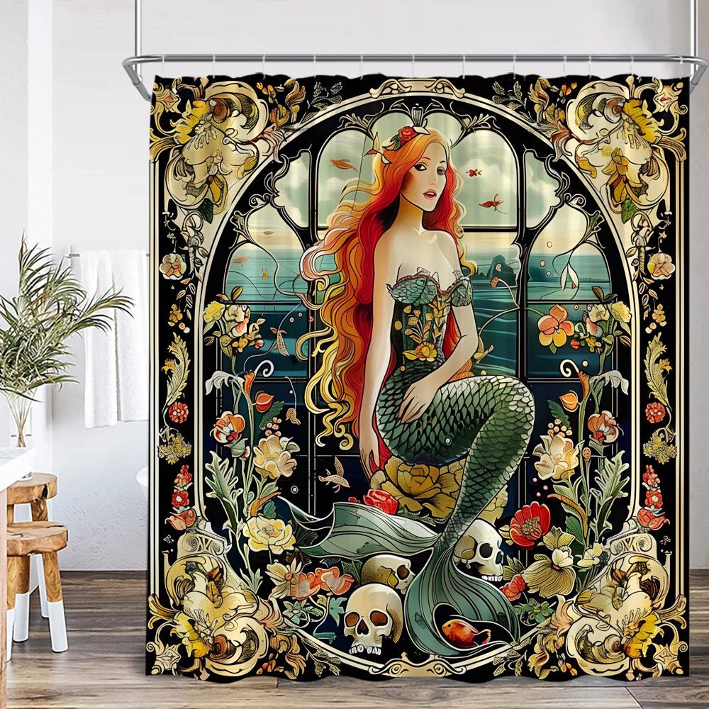 Mermaid Shower Curtain Beautiful Merpeople Scale Flower Beauty Vintage Bath Curtain Woman Girl Polyester Bath Curtain with Hook