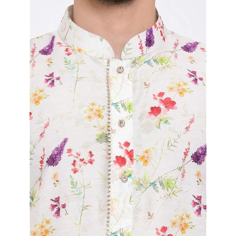VASTRAMAY Men' Cotton Blend Kurta Pyjama Set | Perfect Spring Edit Floral Design Digitally Printed Kurta With Bli